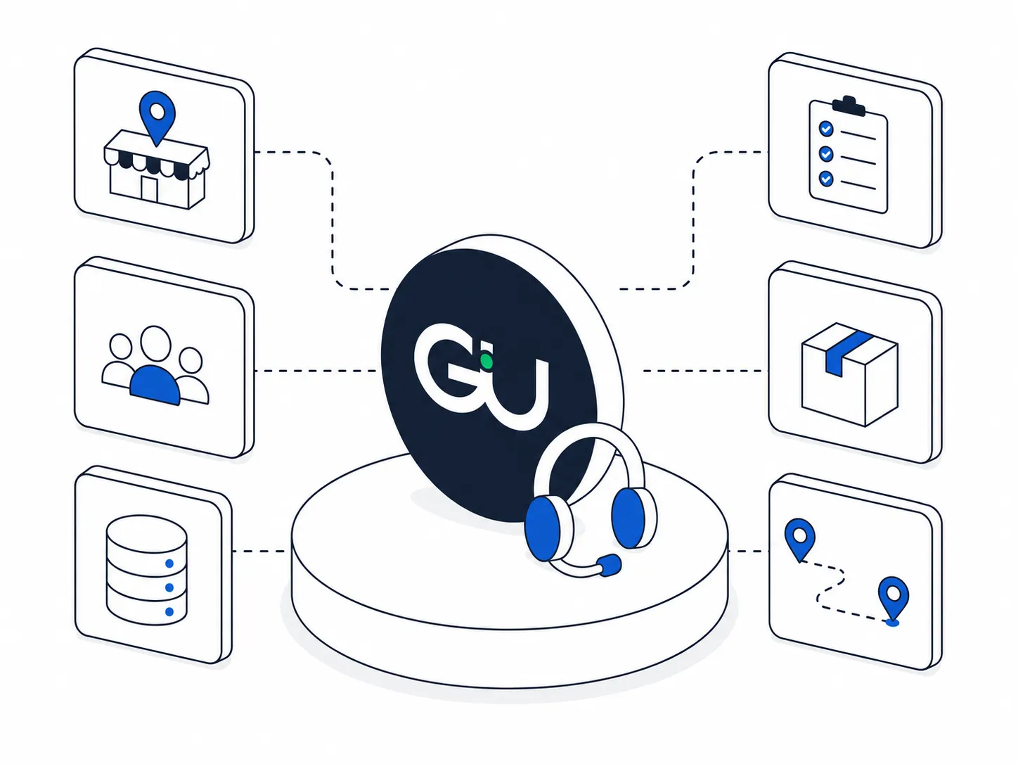 Ilustración del logo de GU Trade con auriculares de soporte, conectado a puntos de venta, equipos, datos, tareas, productos y rutas.