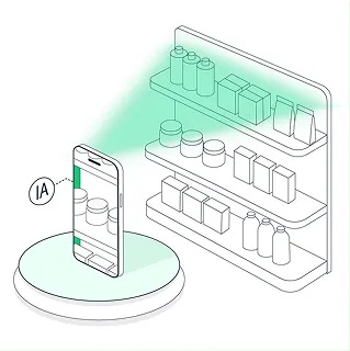Ilustración de un celular que fotografía una góndola y reconoce los productos con IA.