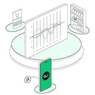 Ilustración de un gráfico que cruza dos curvas, entre un ticket de compra y una góndola, con un celular que analiza los datos con IA.